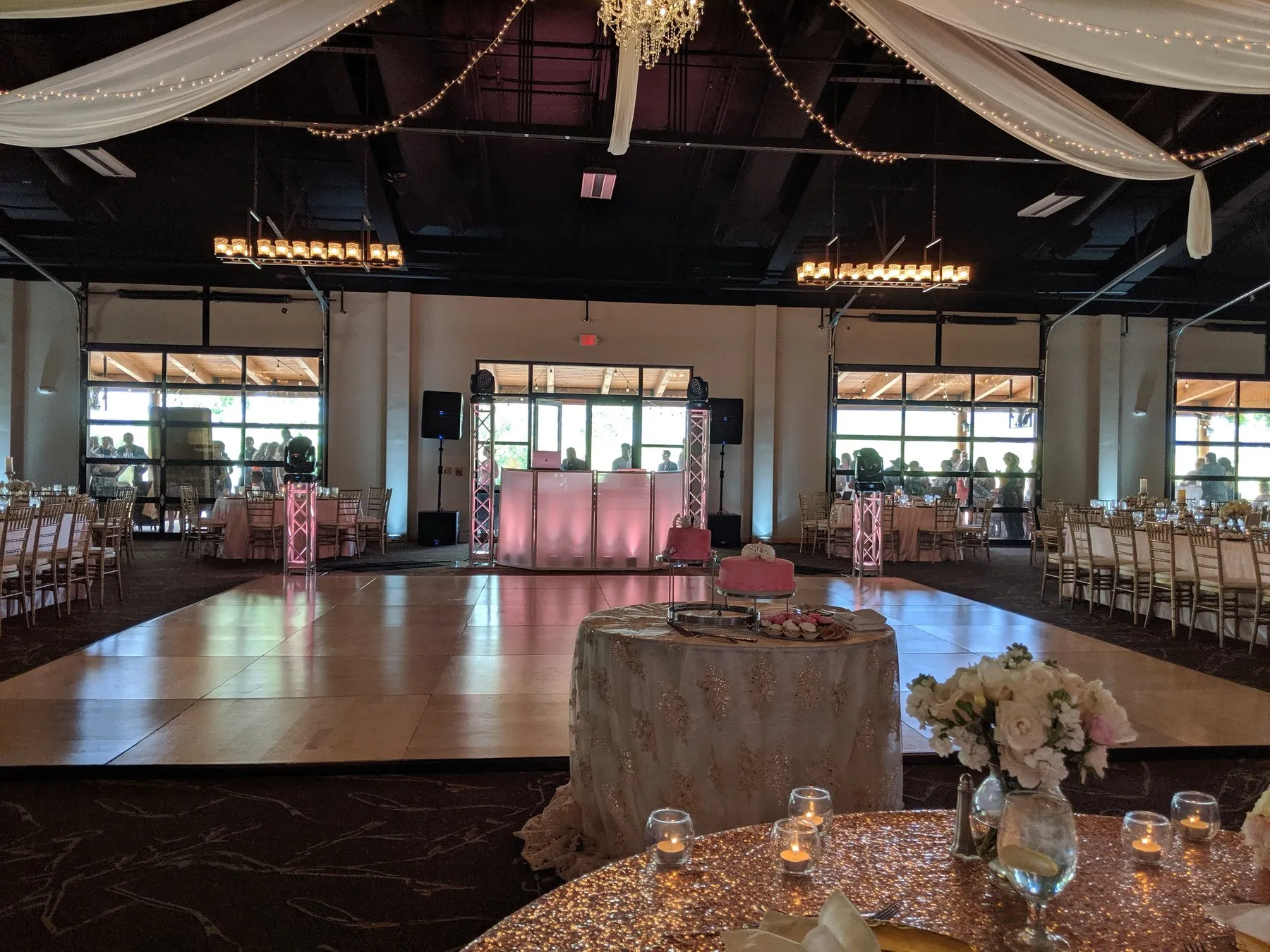 A wedding reception dance floor set up by Cutmaster Music inside the Tamaya Ballroom at Hyatt Regency Tamaya