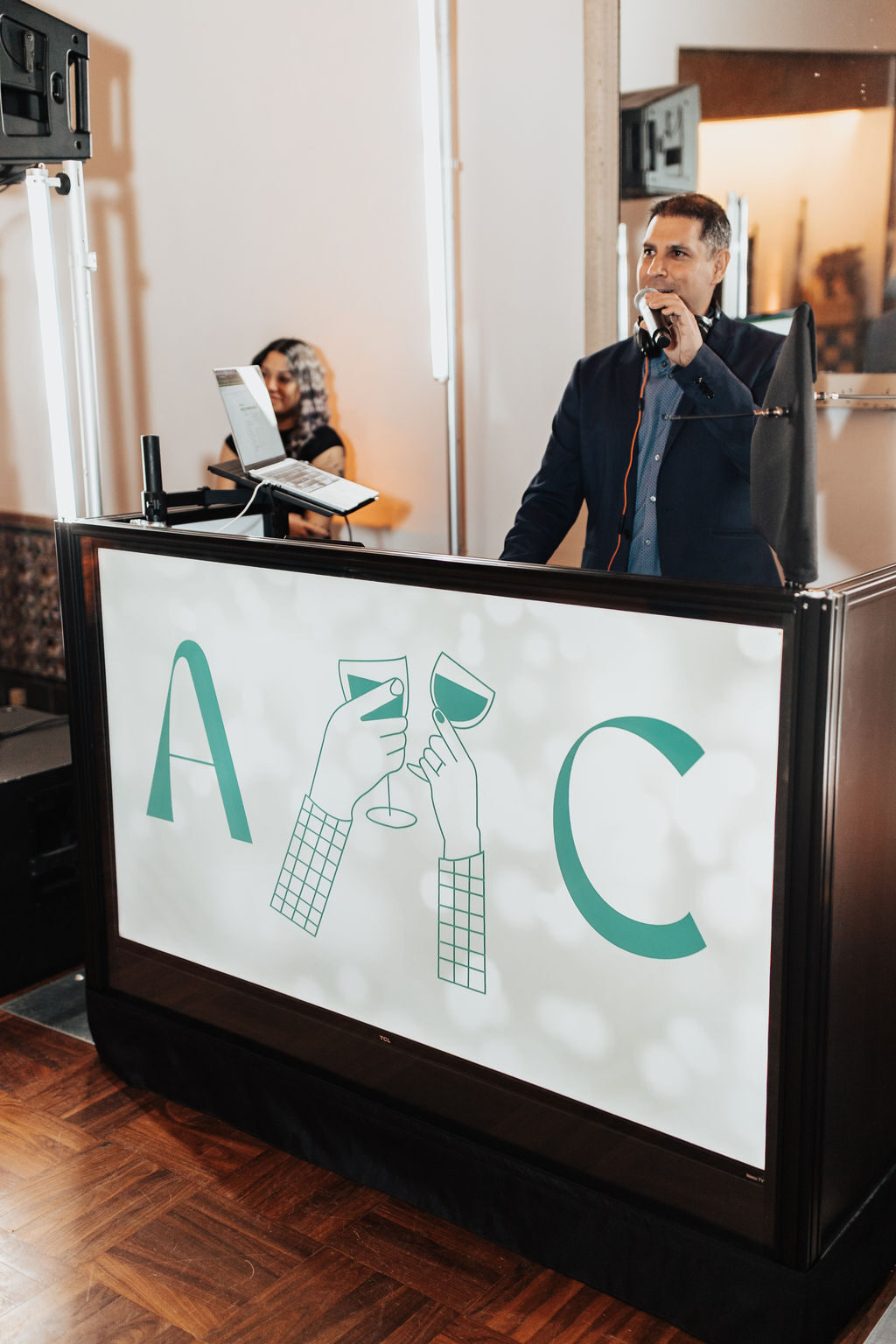 A custom-branded DJ booth